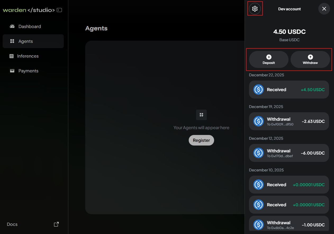 Manage the dev account in Warden Studio